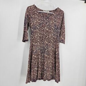 Peruvian Connection A-Line Dress Purple Floral Print 3/4 Sleeve Mini Size XS